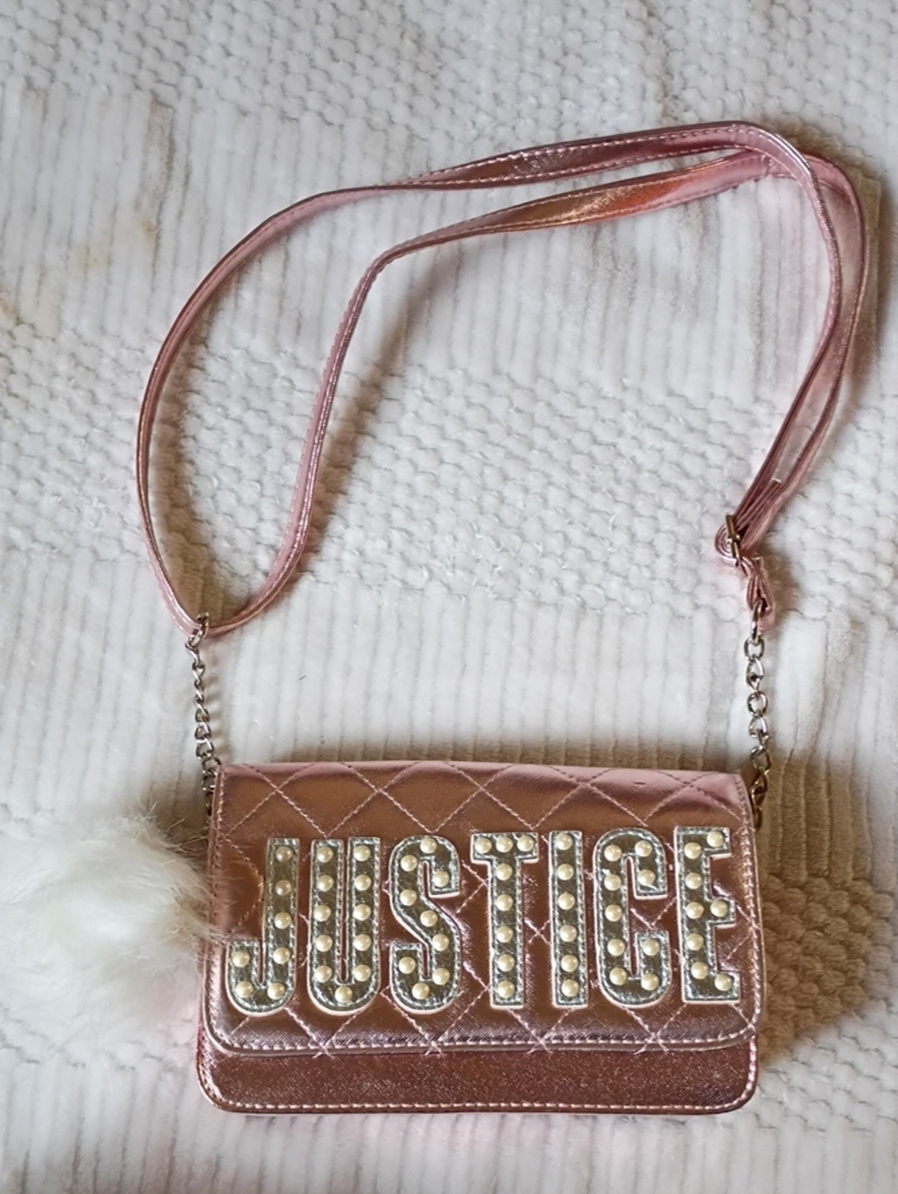 Justice Rose Metallic Quilted Crossbody with Pom Pom